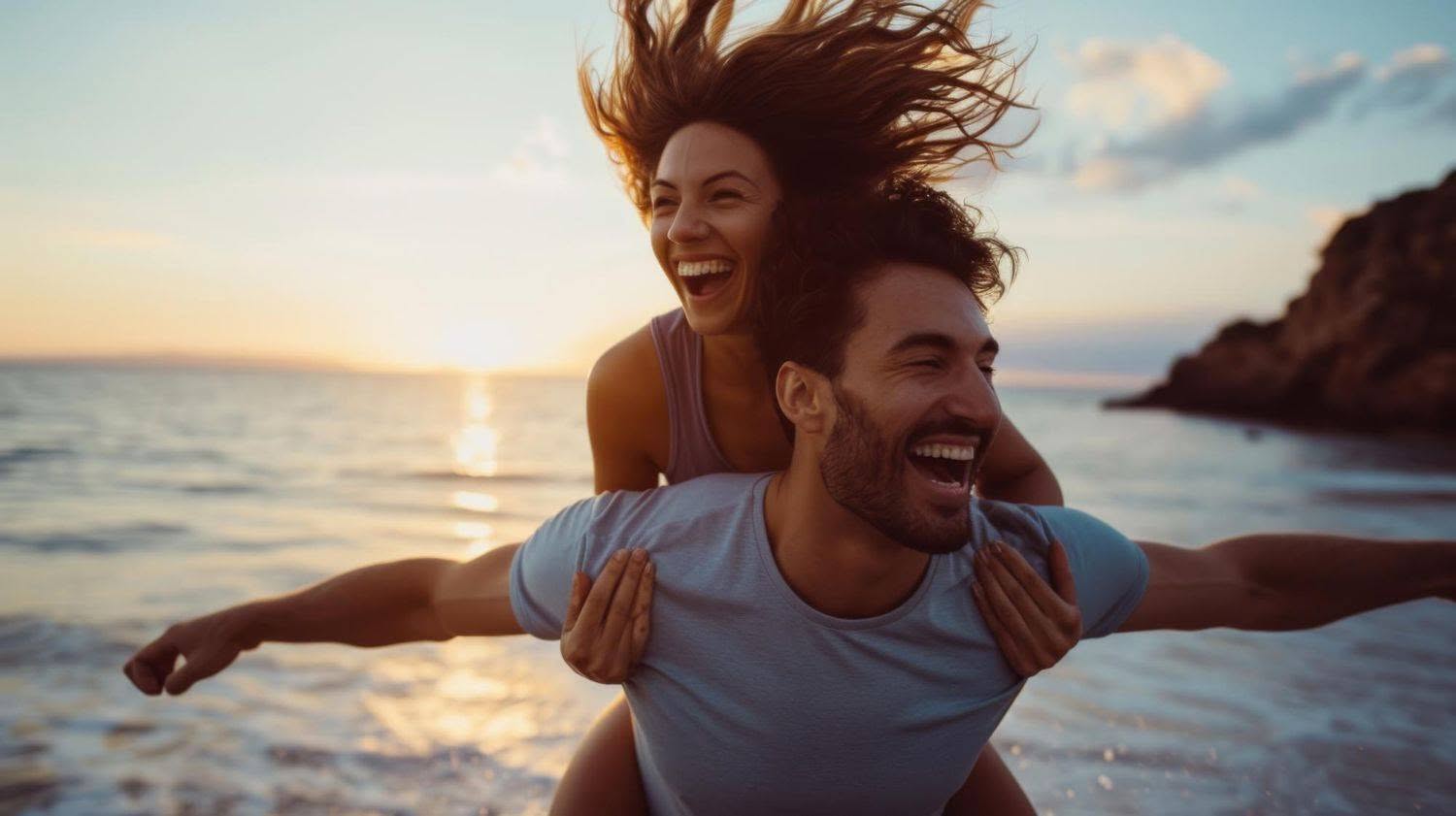 a couple enjoys a playful piggyback moment on the beach at sunset