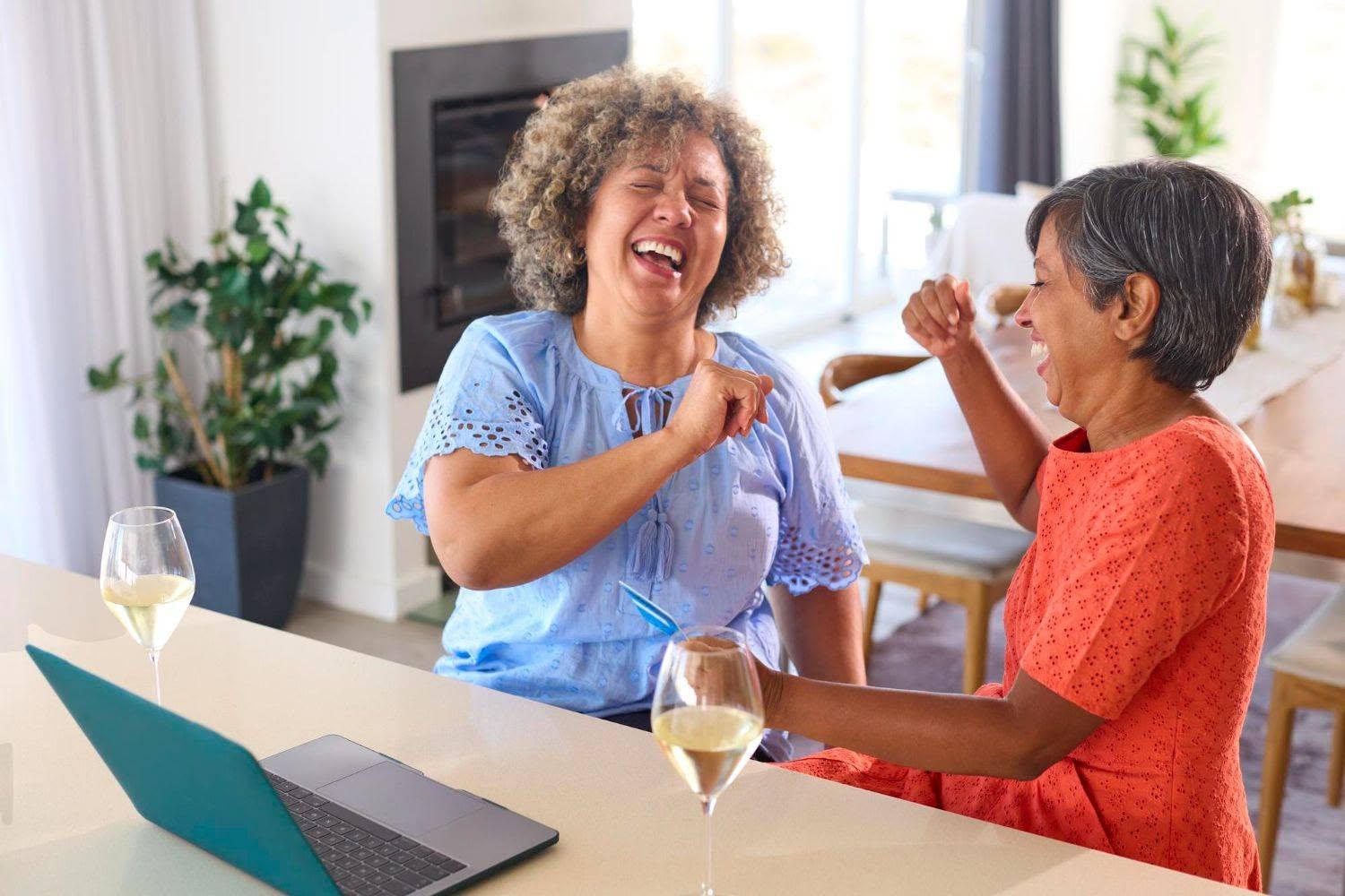 two mature female friends at home with laptop (1500x1000)