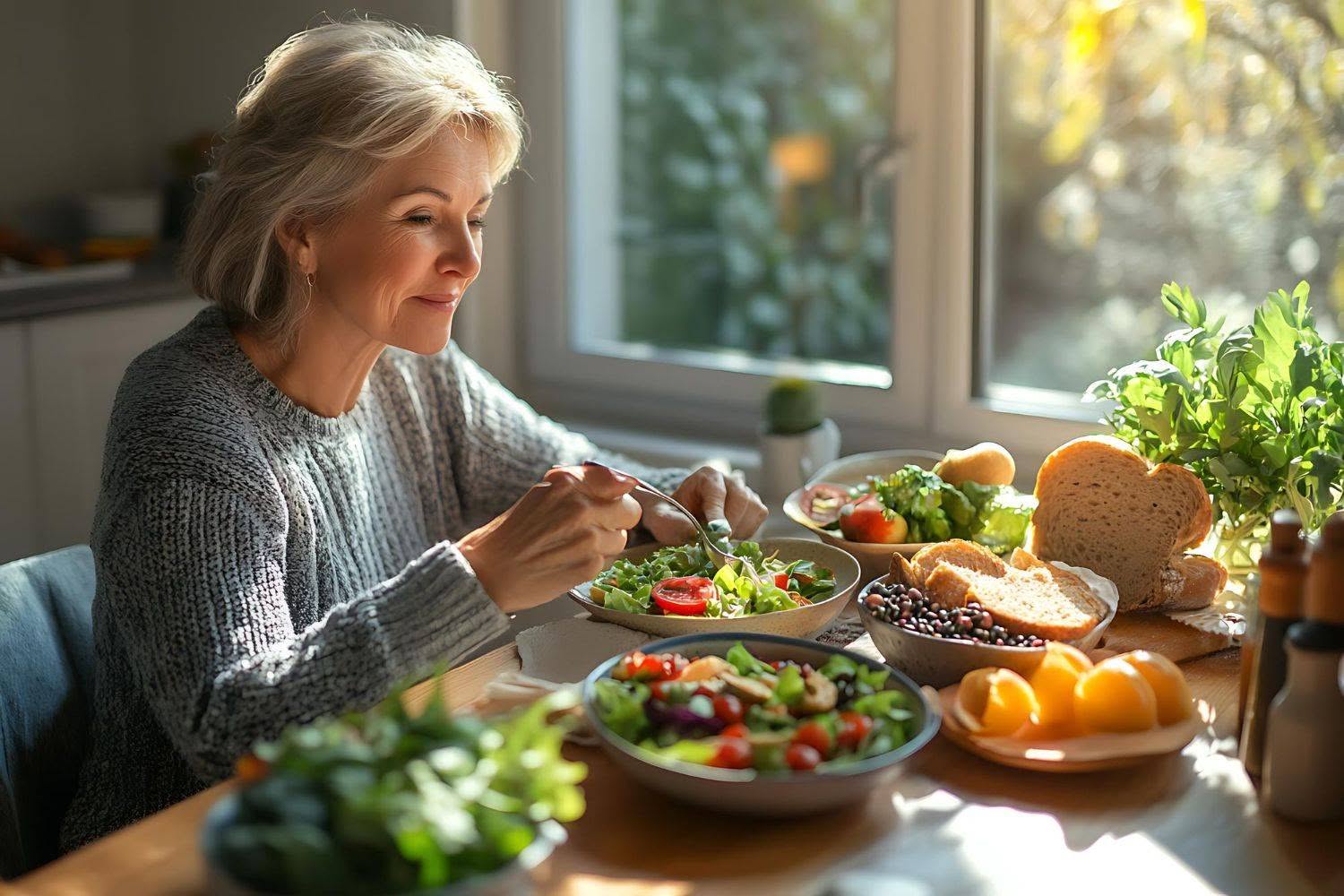 woman sitting at a table with a plate of food